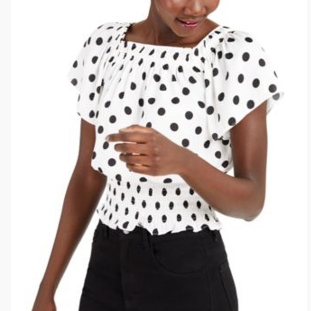 INC White Polka Dot Short Sleeve Blouse Top Convertible Off Shoulder Flutter NEW